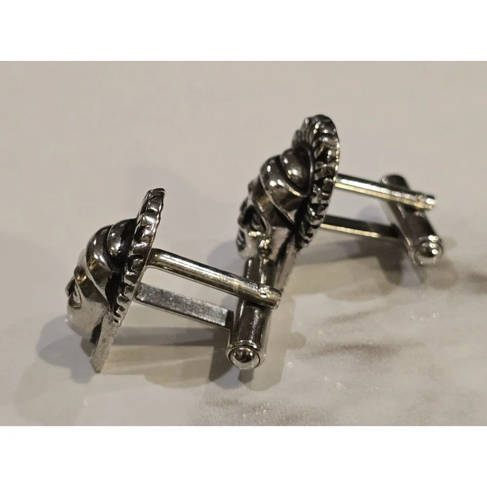 Vintage Silver Tone Warrior Face Cufflinks Tribal Mask Head Mens Cuff Links 1215
